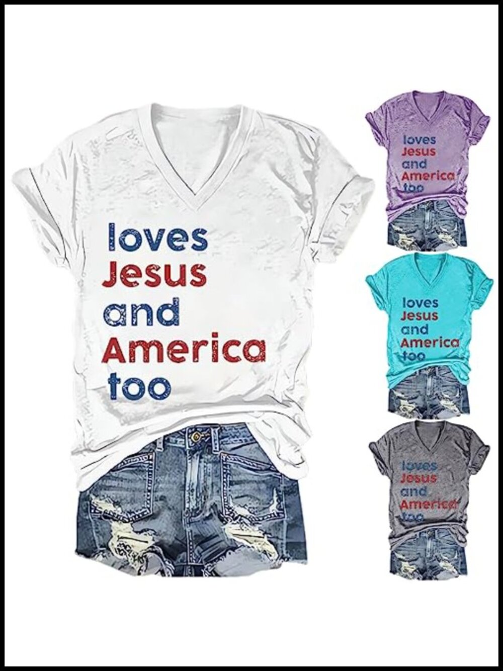 Patriotic V-Neck T-Shirt Short Sleeve Letter Print Loose Fit Summer